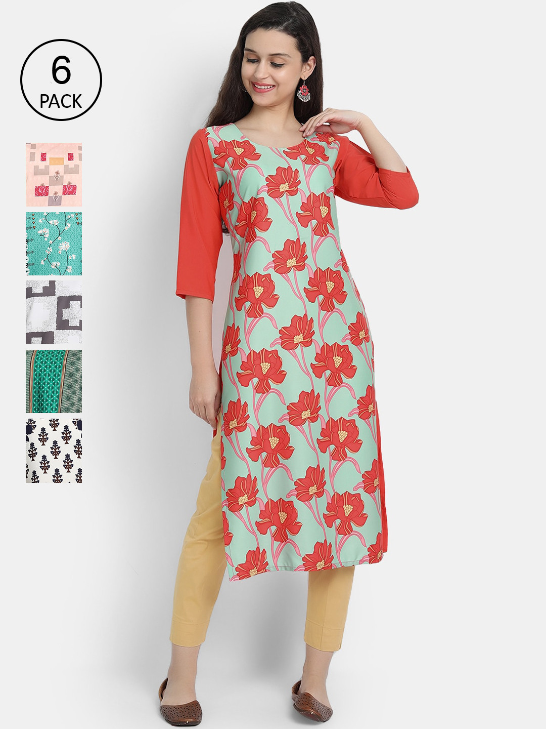 

7Threads Women Pack Of 6 Ethnic Motifs Printed Crepe Kurta, Multi