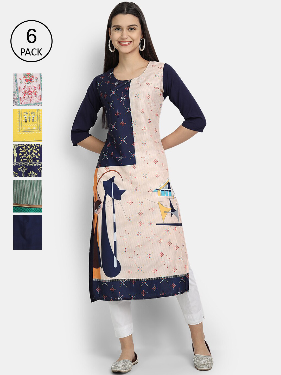 

7Threads Women Pack of 6 Multicoloured Printed Crepe Straight Kurta, Multi