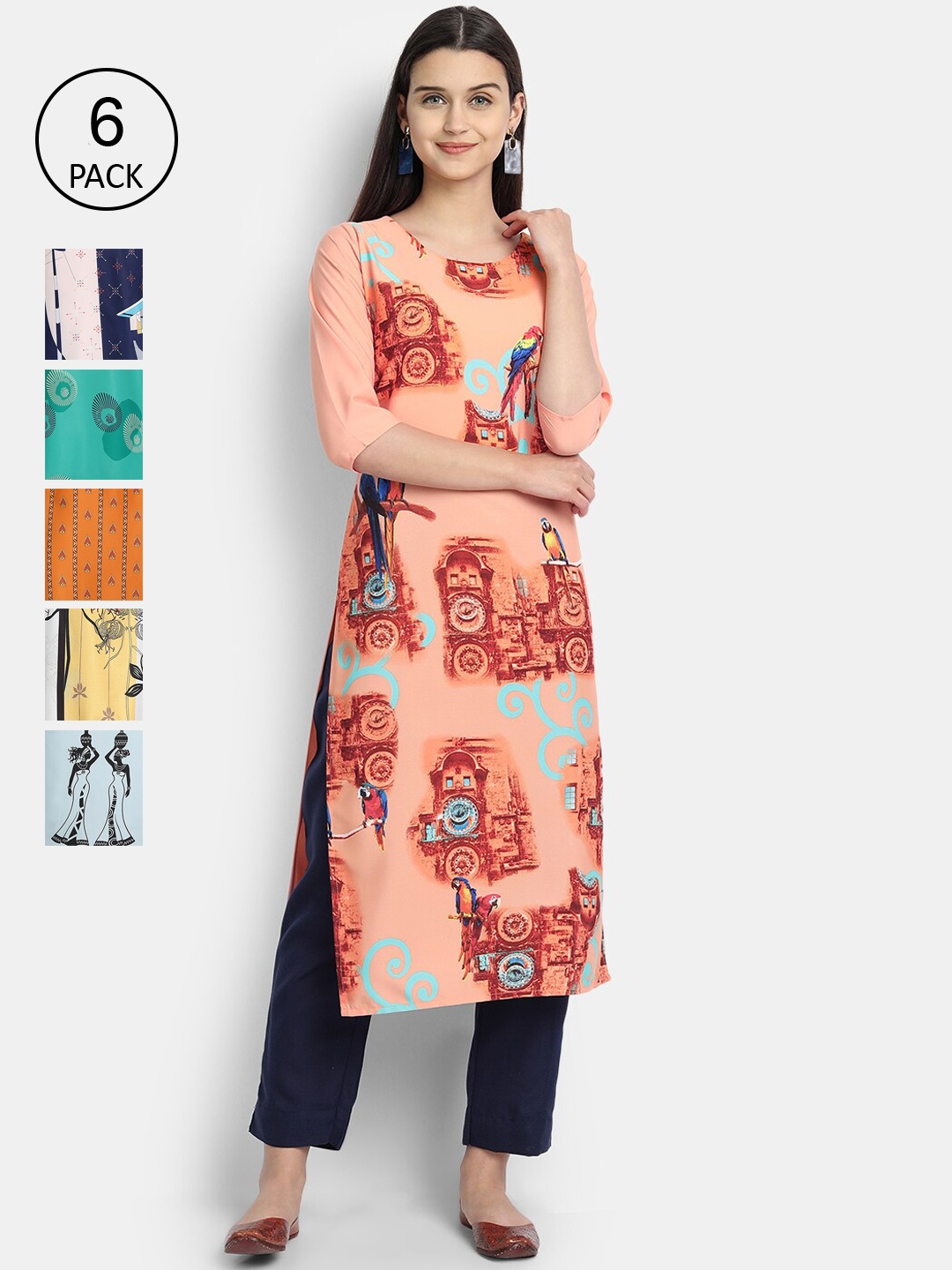 

7Threads Women Multicoloured Pack Of 6 Crepe Kurta, Multi
