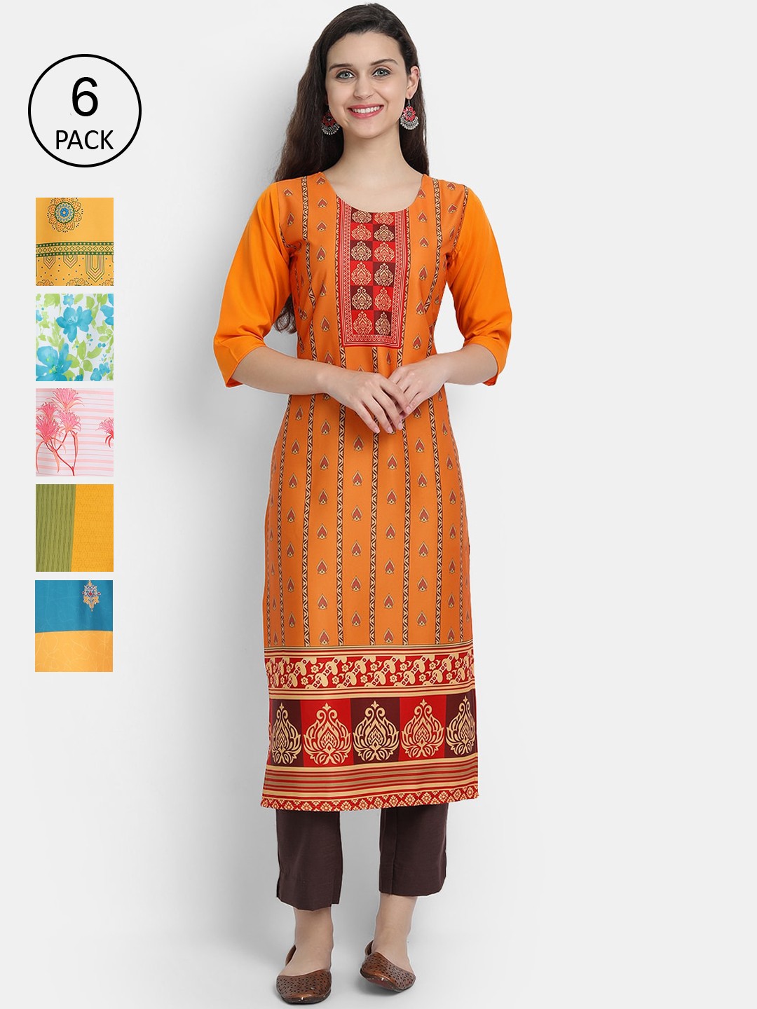 

7Threads Women Multicoloured Pack of 6 Ethnic Motifs Embroidered Mirror Work Crepe Kurta, Multi