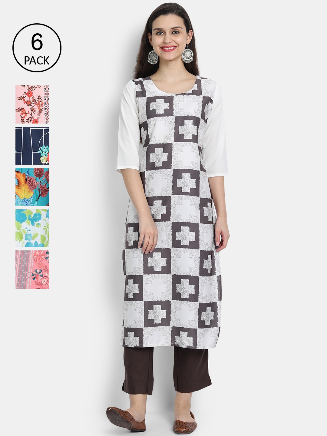 

7Threads Women Pack Of 6 Printed Crepe Kurta, Multi