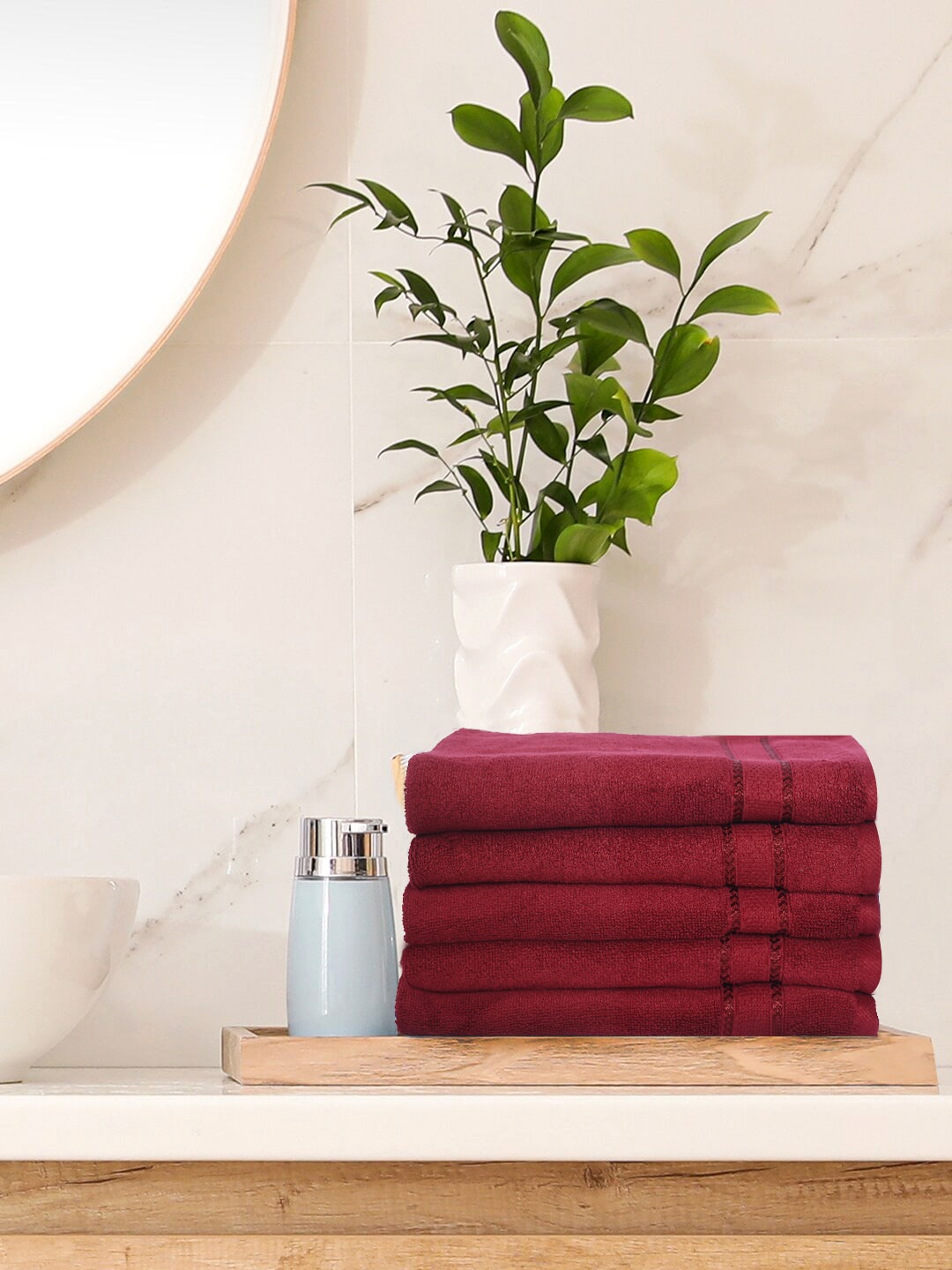 

Turkish Bath Set Of 5 Maroon Solid 550 GSM Pure Cotton Hand Towels