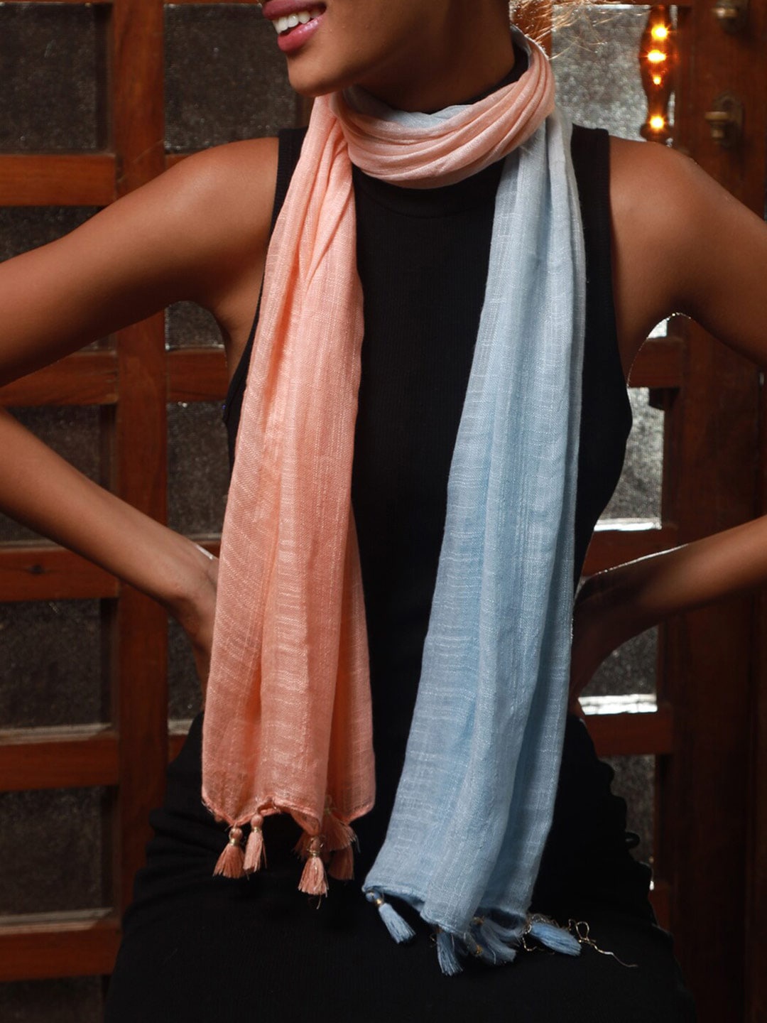 

Ayesha Women Ombre Orange & Blue Contemporary Viscose Tassel Scarf, Peach