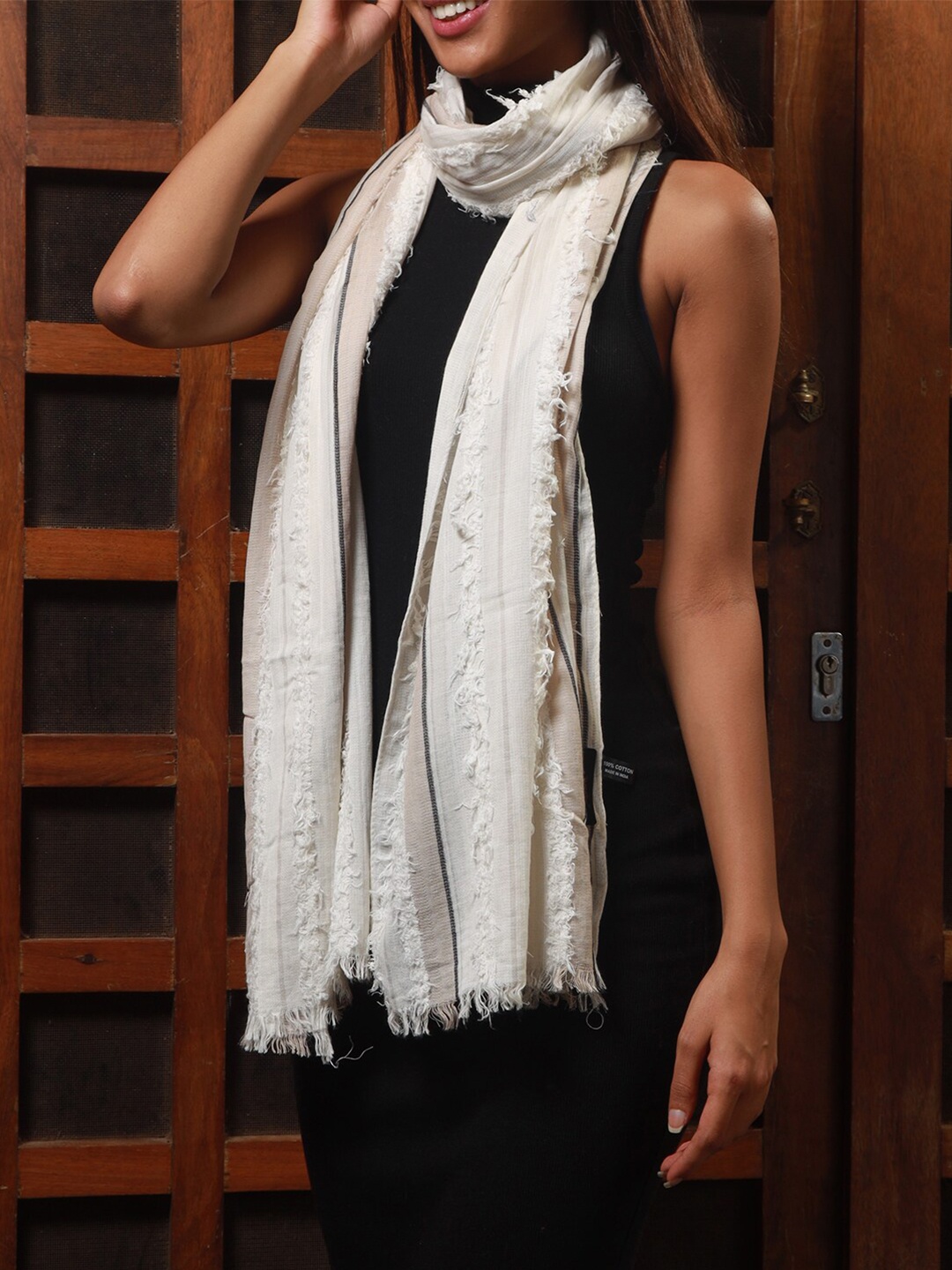 

Ayesha Women Beige & White Striped Linen Scarf