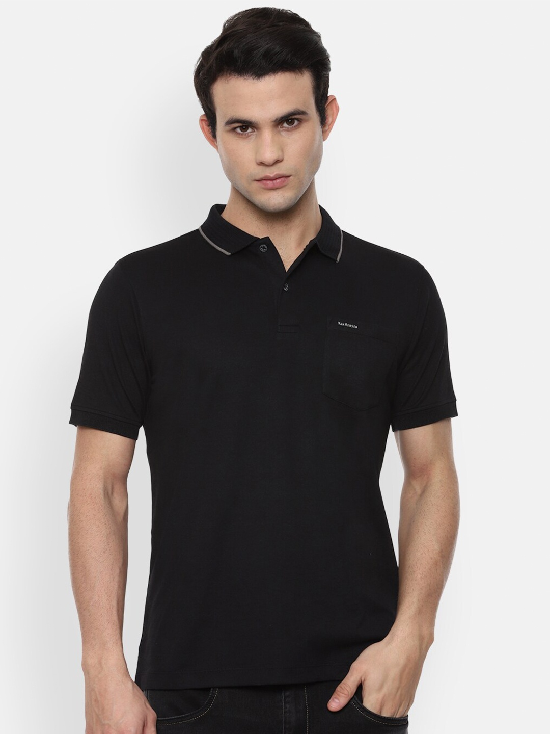 

Van Heusen Men Black Polo Collar Pockets T-shirt
