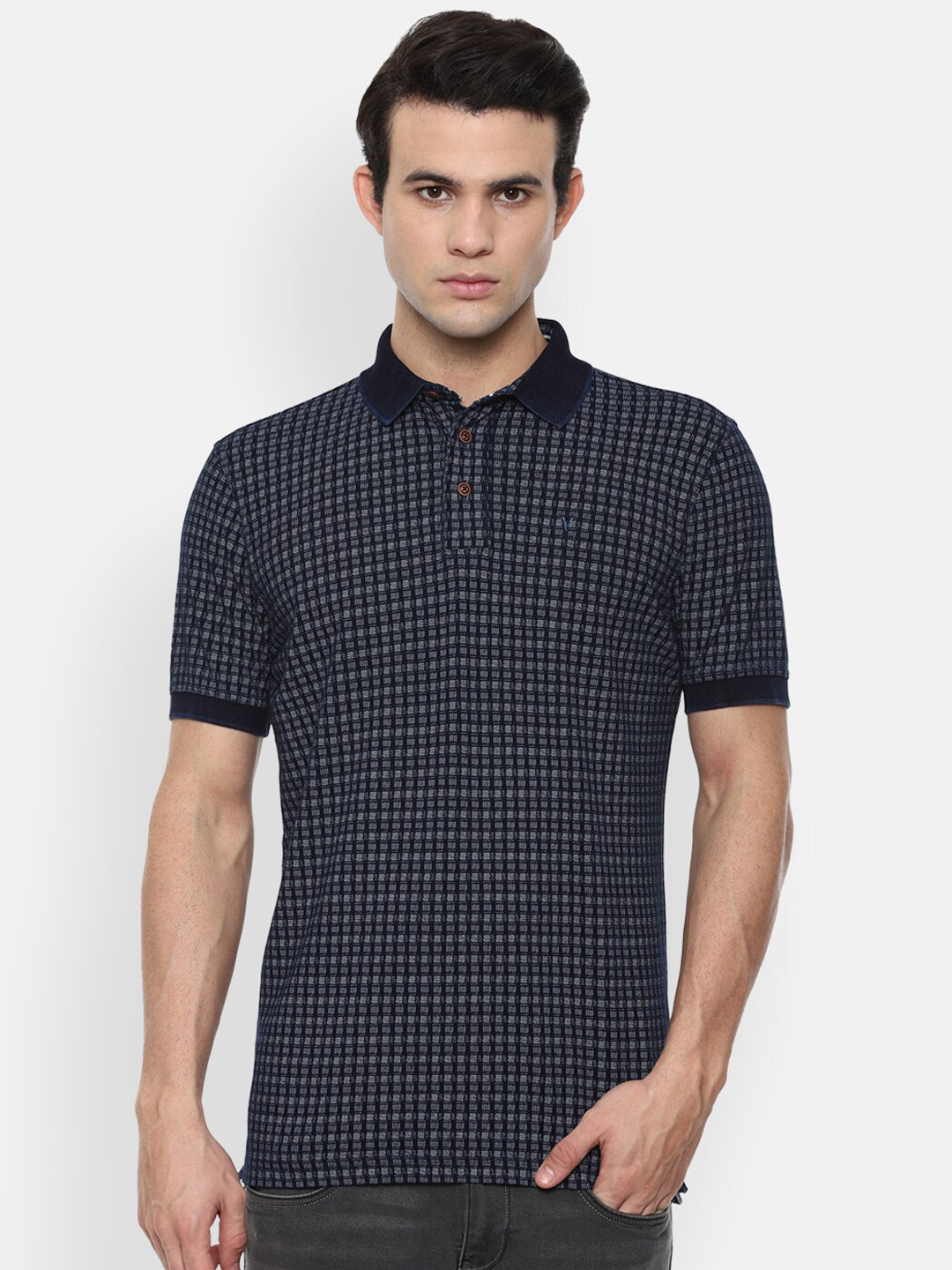 

VAN HEUSEN DENIM LABS Men Navy Blue Checked Polo Collar Cotton T-shirt