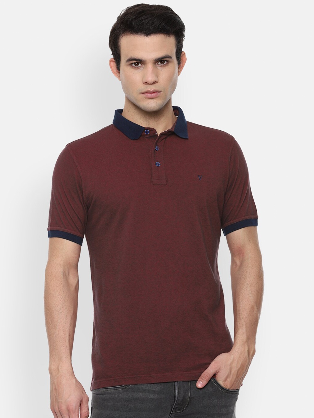 

VAN HEUSEN DENIM LABS Men Maroon Solid Cotton Polo Collar T-shirt