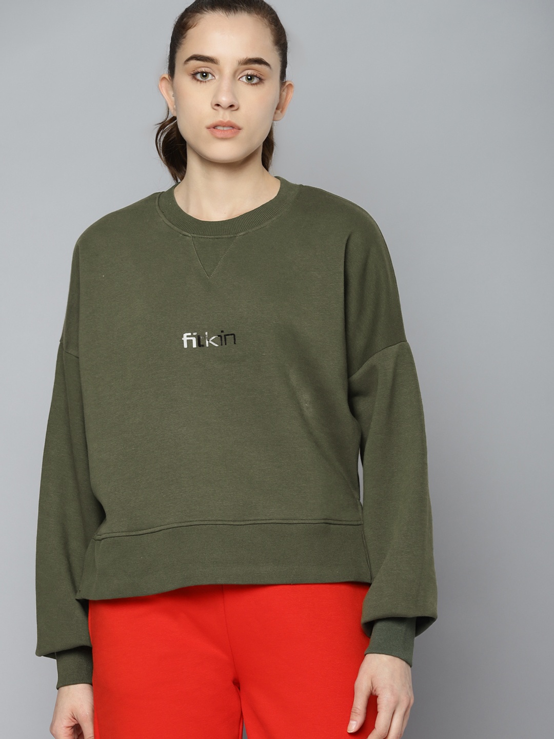 

Fitkin Women Olive Green Cotton Brand Logo Print Fleece Sweatshirt
