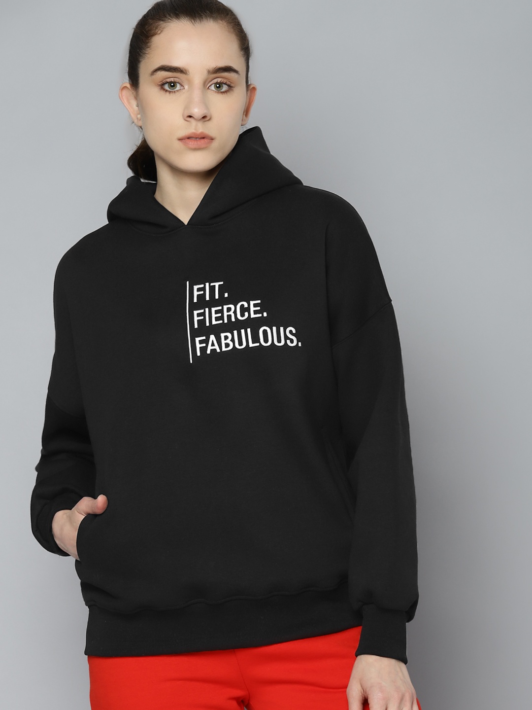 

Fitkin Women Black & White Warm Winter Fleece Embroidered Hooded Sweatshirt