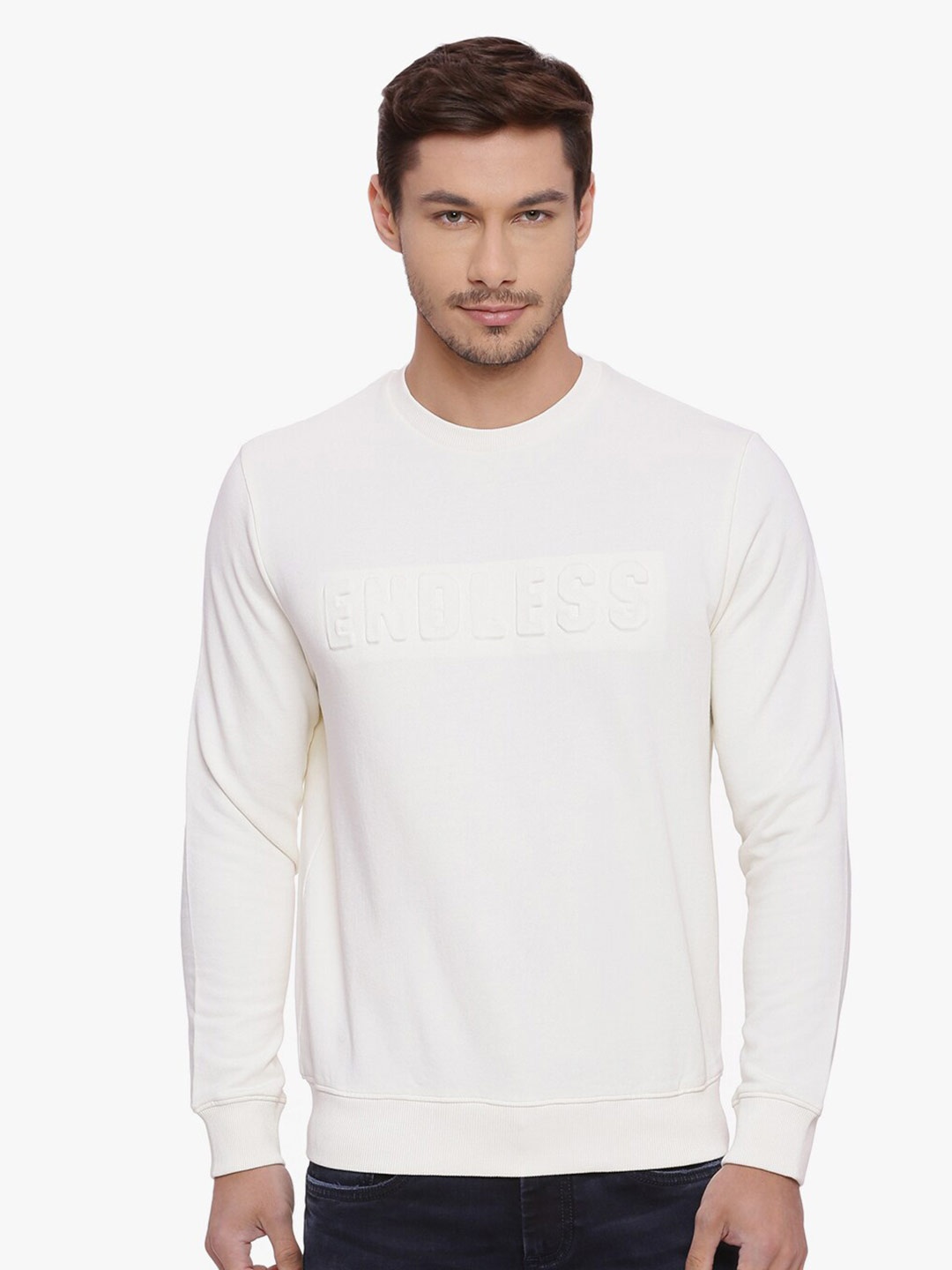 

Basics Men Cream-Coloured Cotton Pullover