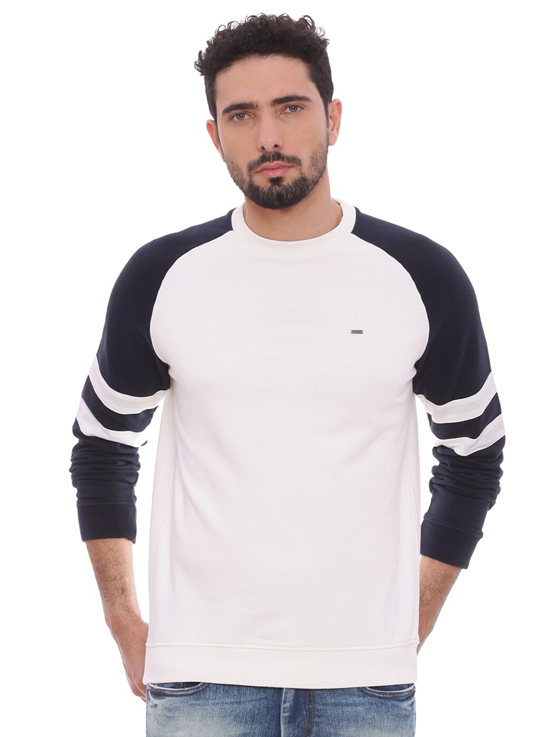 

Basics Men Beige & Blue Striped Pullover