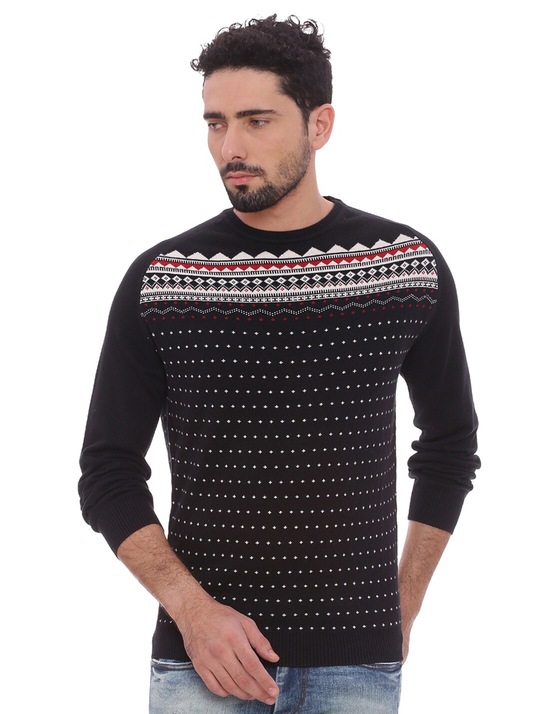 

Basics Men Black Fair Isle Pullover