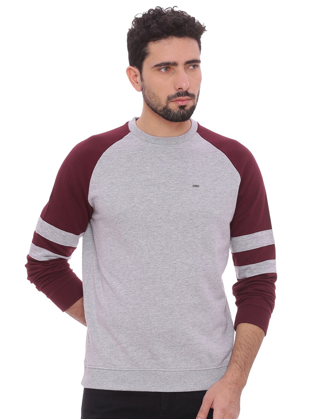 

Basics Men Grey & Maroon Colourblocked Cotton Pullover