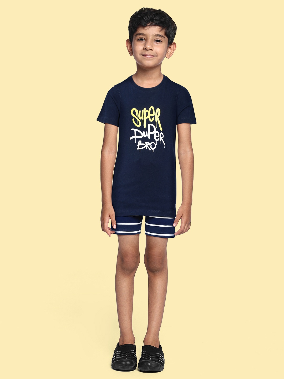 

abof Boys Navy Blue Printed Pure Cotton T-shirt with Shorts