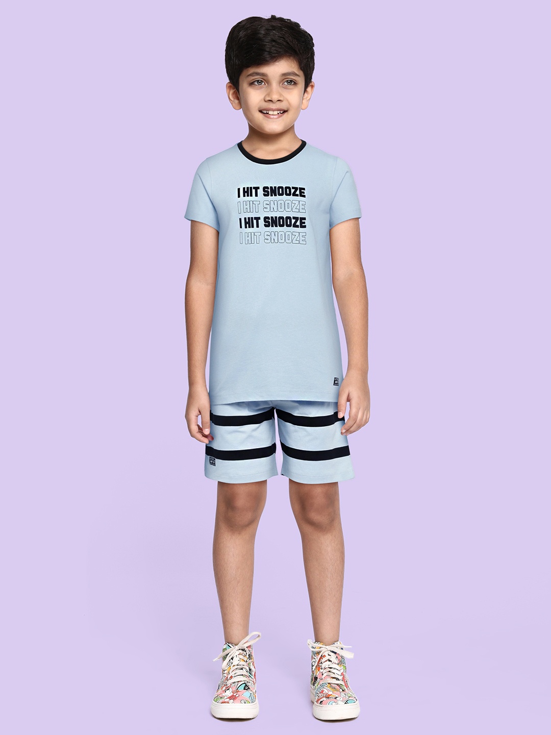

abof Boys Blue & Black Printed Pure Cotton T-shirt with Shorts