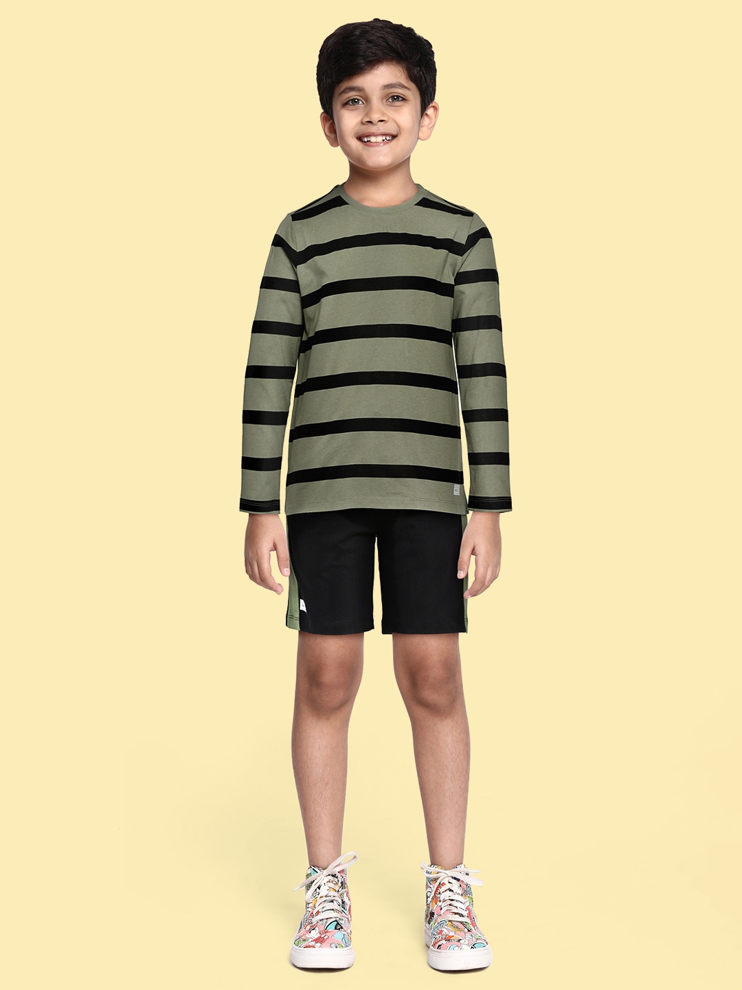

abof Boys Olive Green & Black Striped Pure Cotton T-shirt with Shorts