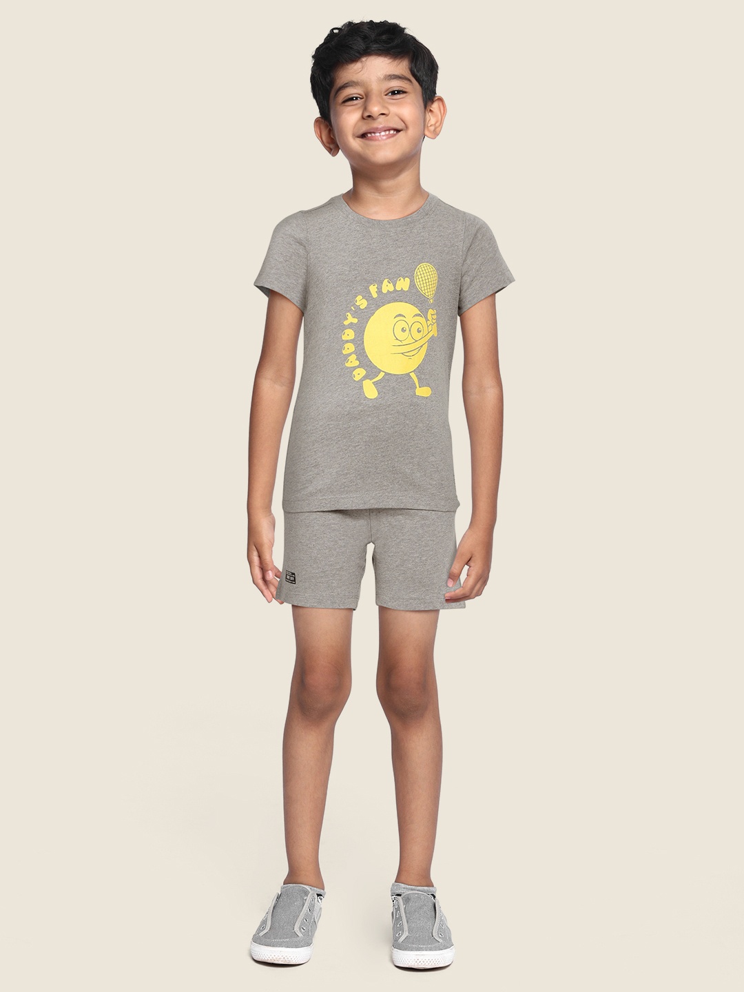 

abof Boys Grey Pure Cotton Printed T-shirt with Solid Shorts, Grey melange