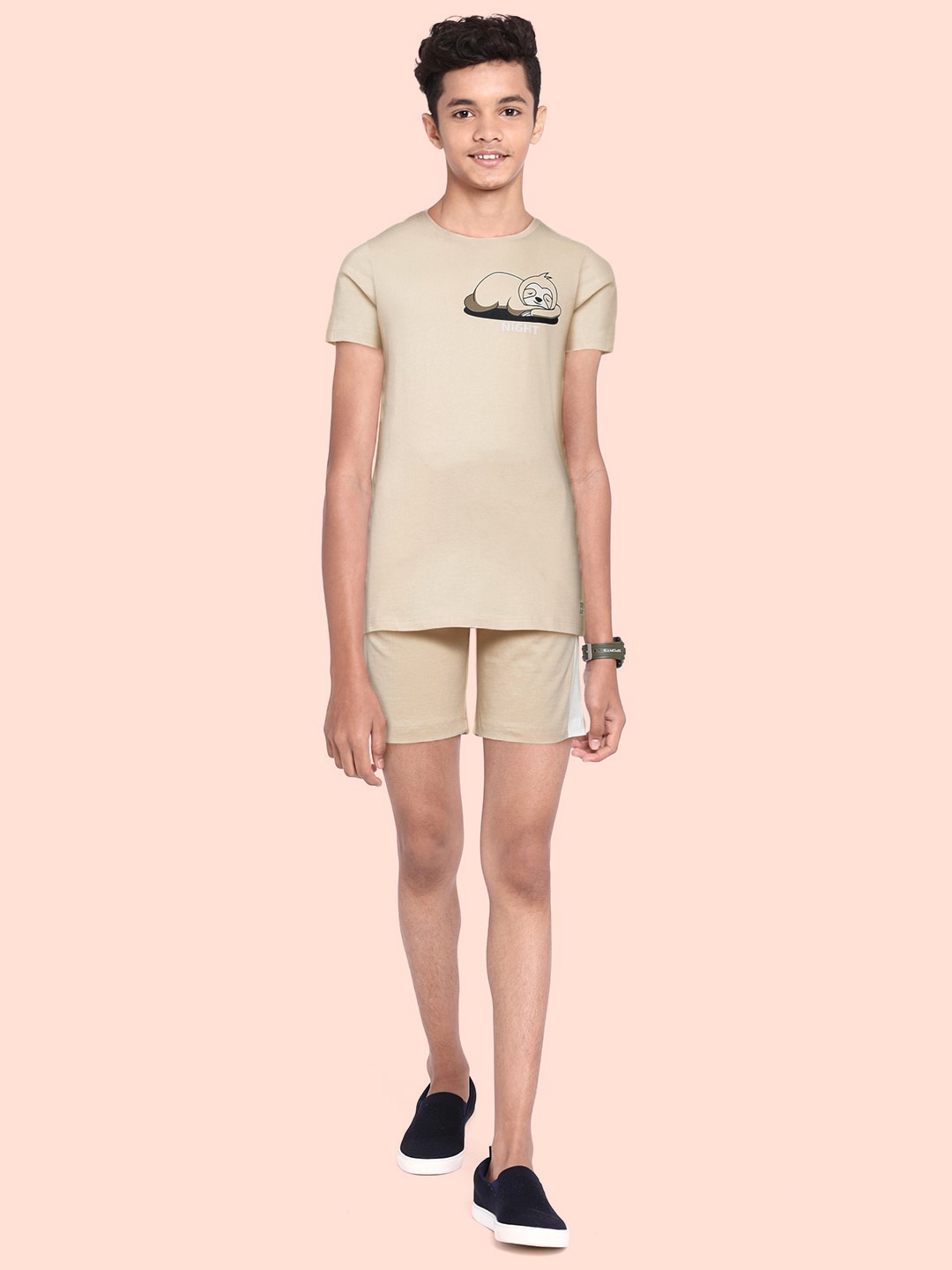 

abof Boys Cream-Coloured Pure Cotton Printed T-shirt with Solid Shorts