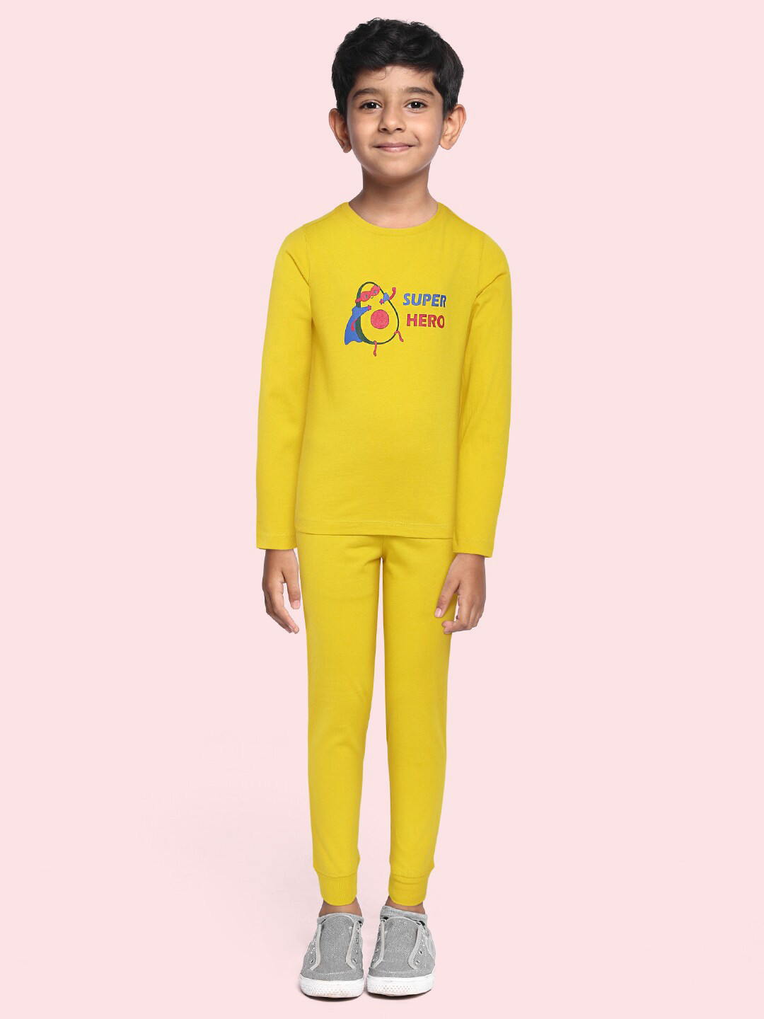 

abof Boys Yellow Typography Print Knitted Pure Cotton T-shirt with Joggers Set