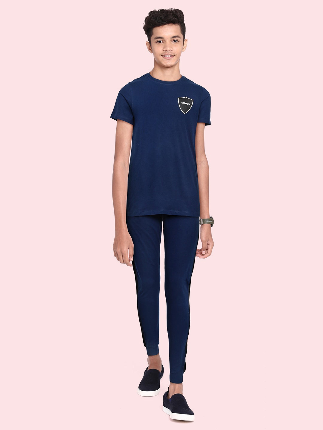 

abof Boys Navy Blue Solid Pure Cotton Tshirt & Joggers