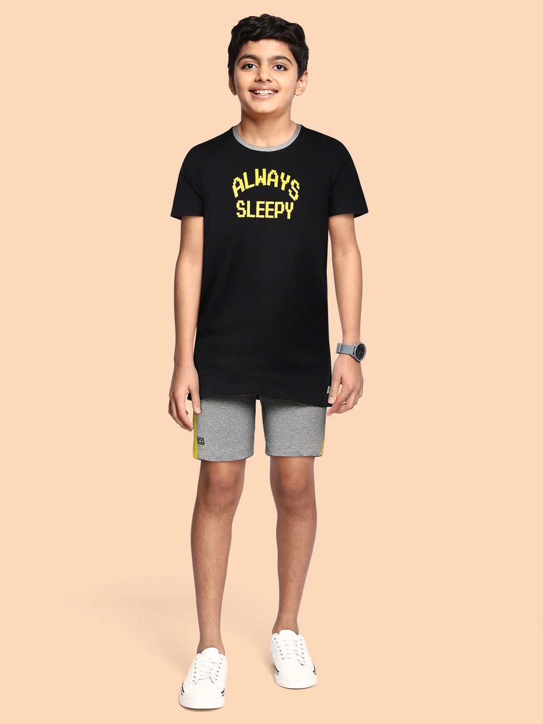 

abof Boys Black & Grey Pure Cotton Printed T-shirt with Solid Shorts