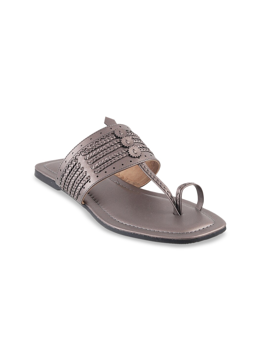 

Mochi Women Grey Textured Leather Ethnic One Toe Flats
