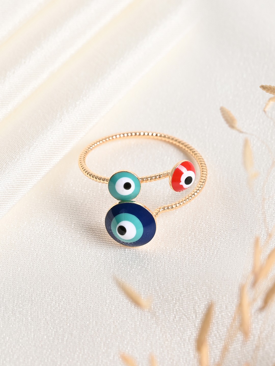 

March by FableStreet Gold-Plated Blue & Red Evil Eye Glass Stone-Studded Finger Ring
