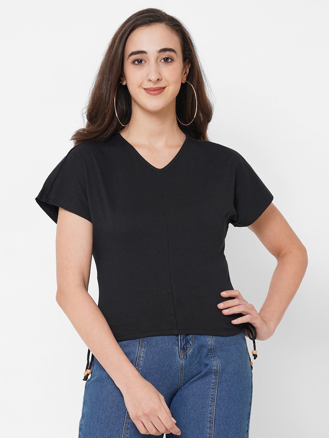 

PAPA BRANDS Black Solid Pure Cotton Extended Sleeves Top