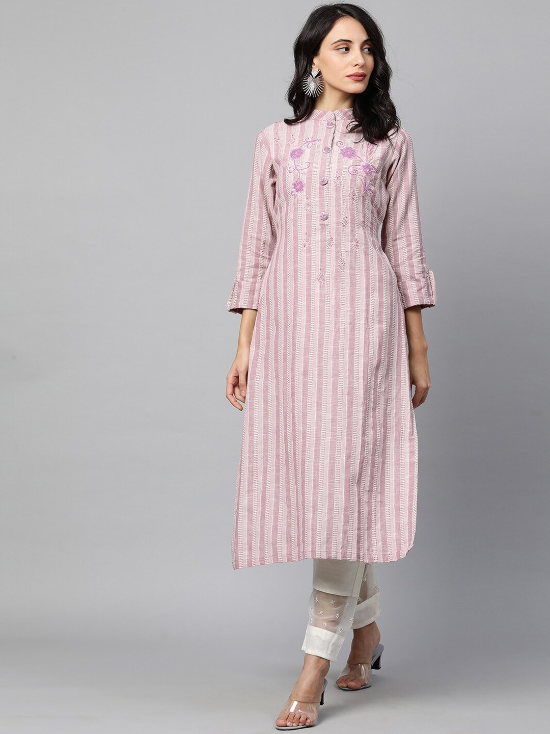 

FASHOR Women Pink Striped Thread Work Pathani Kurta