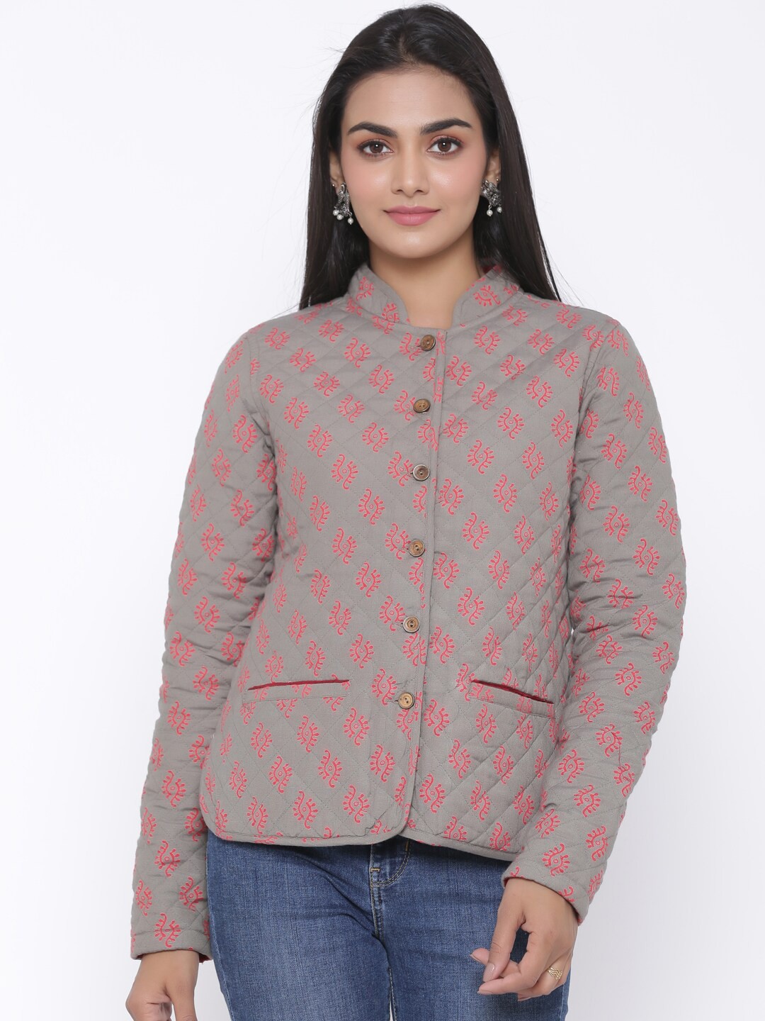 

fabGLOBAL Women Maroon & Grey Floral Quilted Jacket