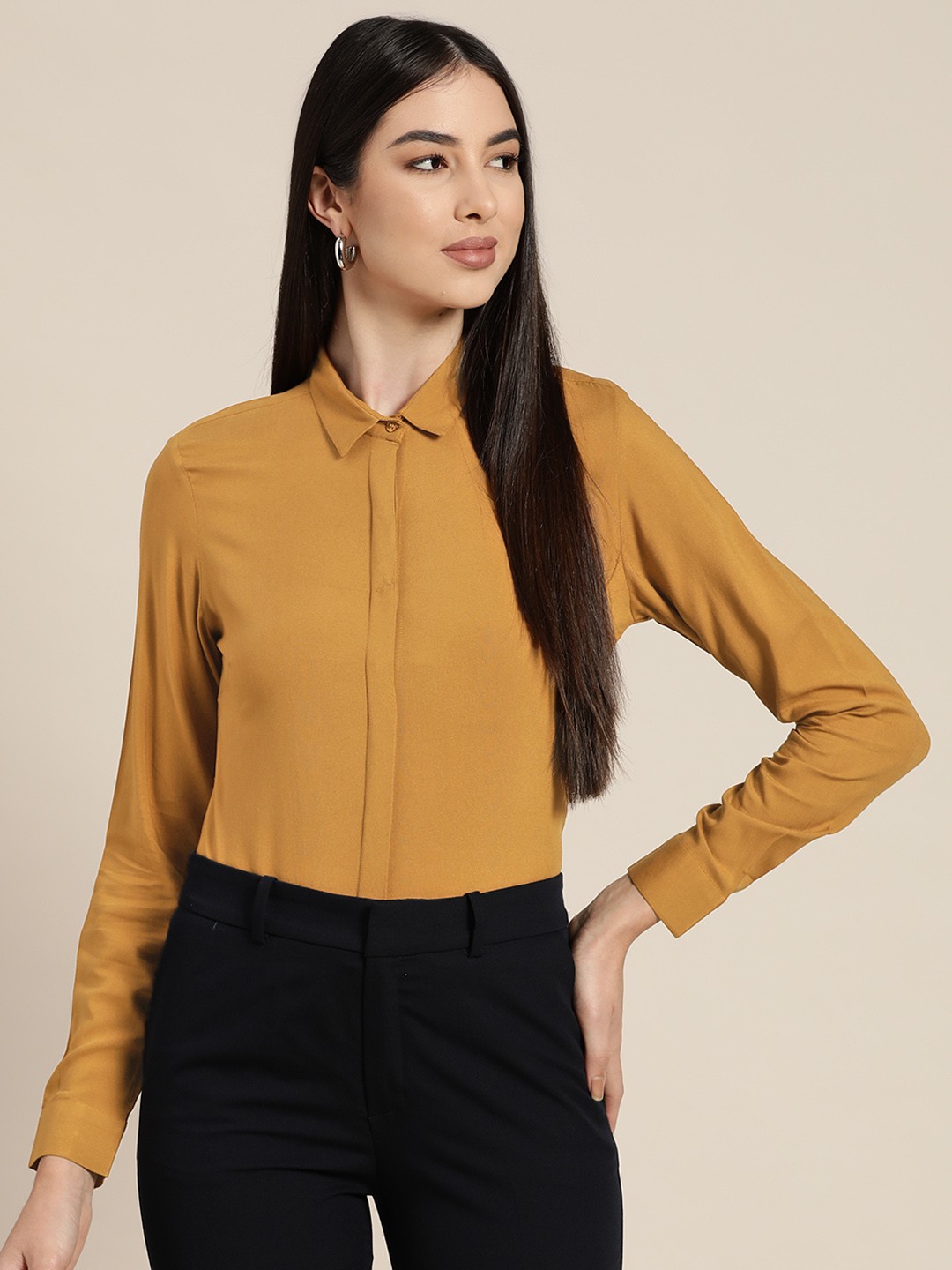 

Hancock Women Mustard Solid Slim Fit Formal Shirt