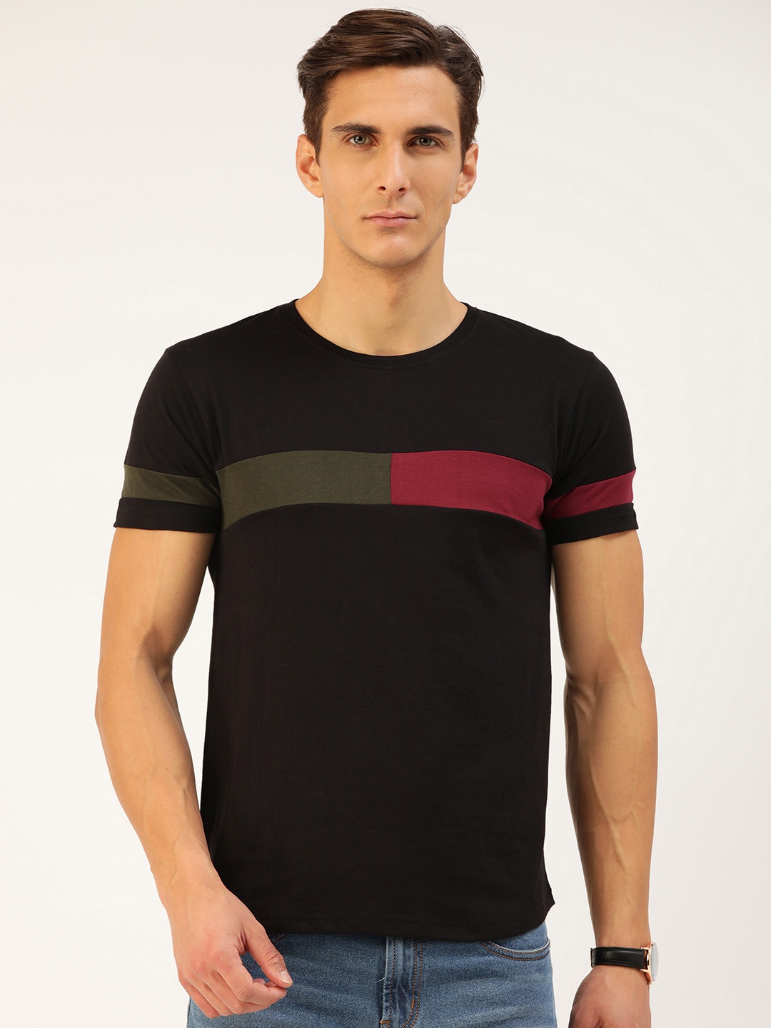 

GESPO Men Black & Green Cotton Striped T-shirt