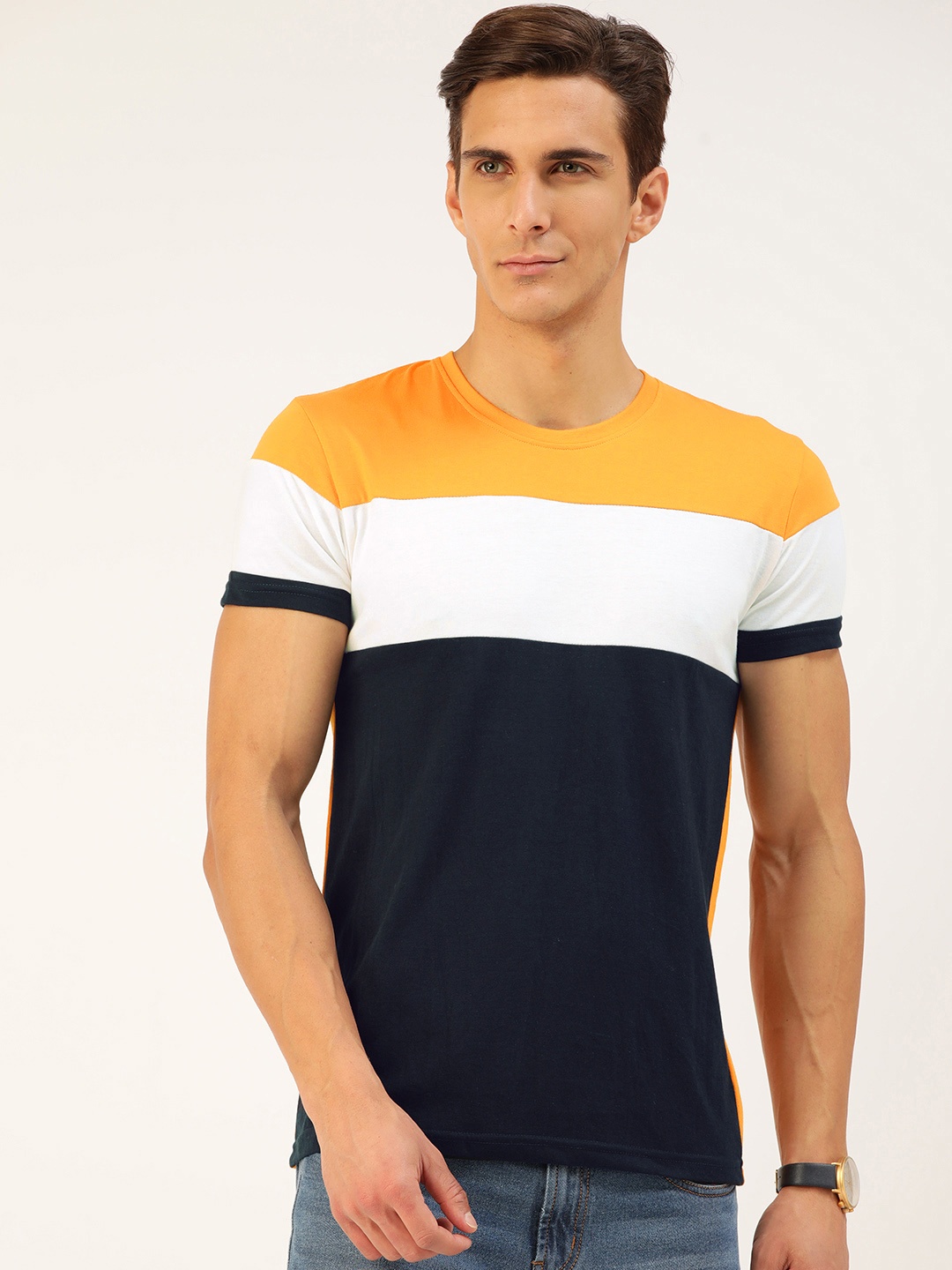 

GESPO Men Navy Blue & Mustard Yellow Cotton Colourblocked T-shirt