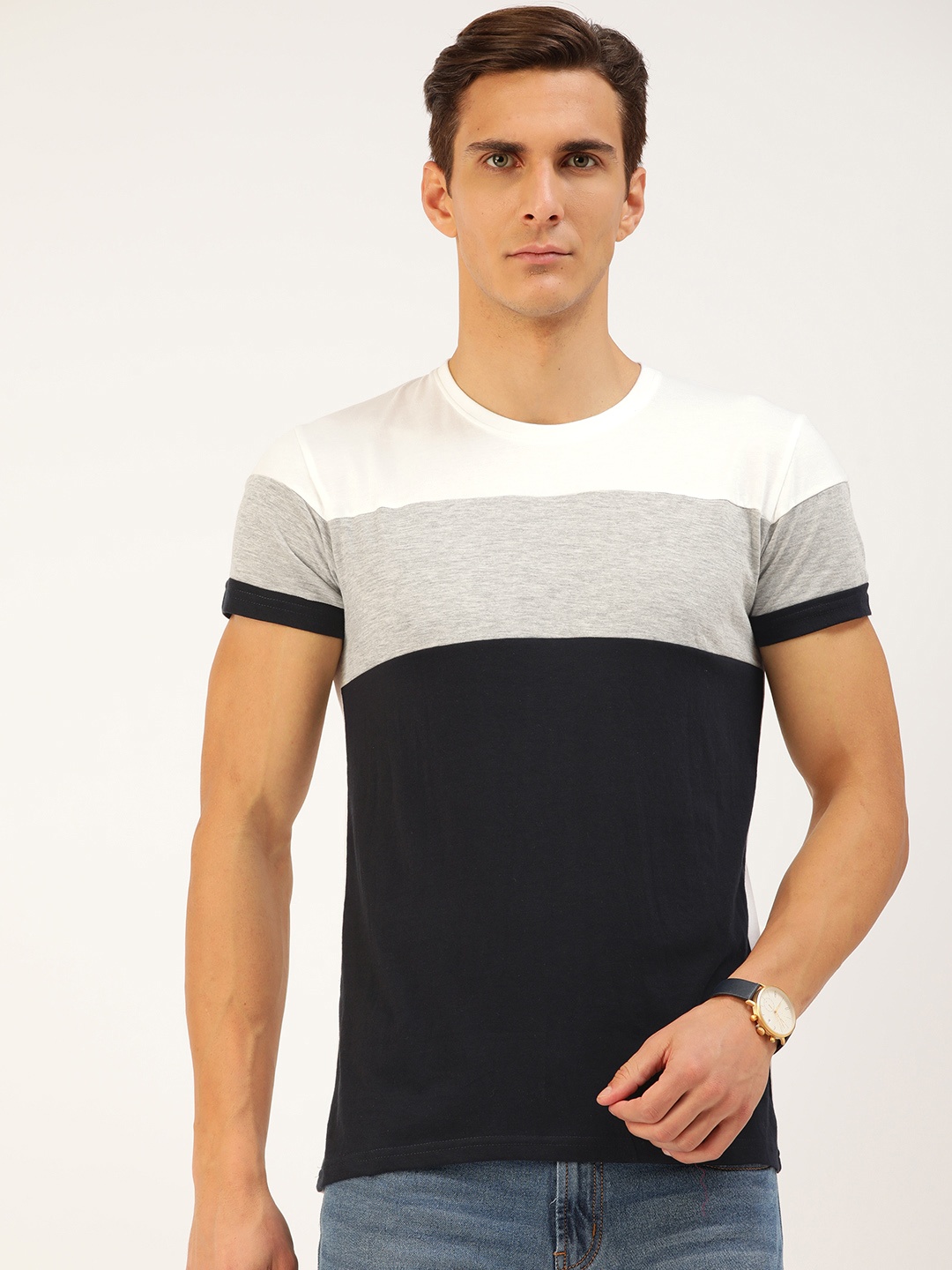 

GESPO Men Black & Grey Melange Cotton Colourblocked T-shirt