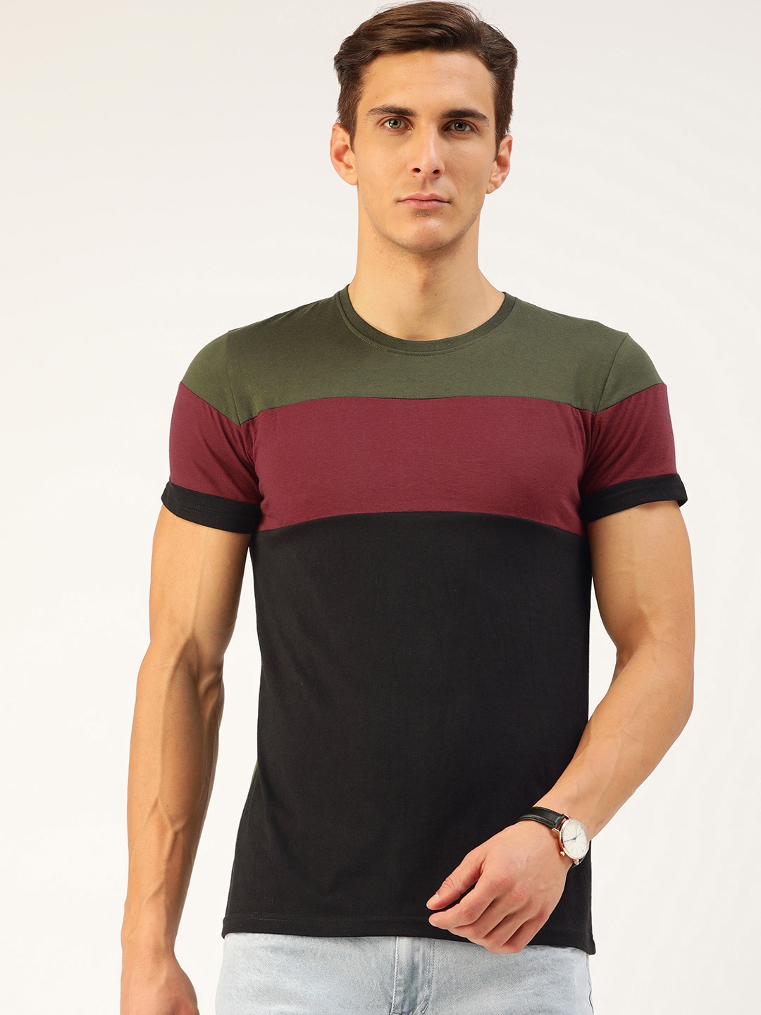 

GESPO Men Black & Green Cotton Colourblocked T-shirt