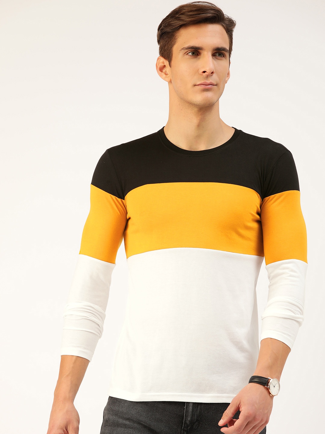 

GESPO Men White & Mustard Yellow Cotton Colourblocked T-shirt