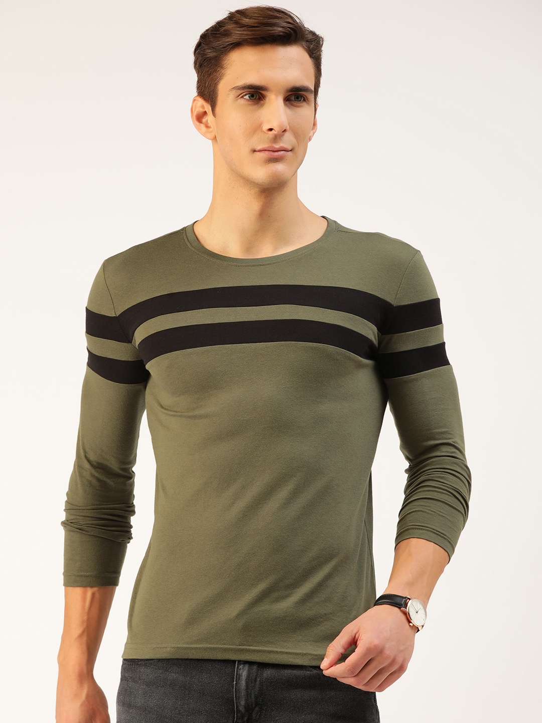 

GESPO Men Olive Green & Black Cotton Striped T-shirt