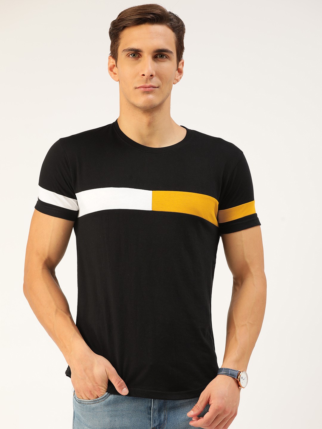 

GESPO Men Black & Mustard Yellow Cotton T-shirt with Colourblocked Effect