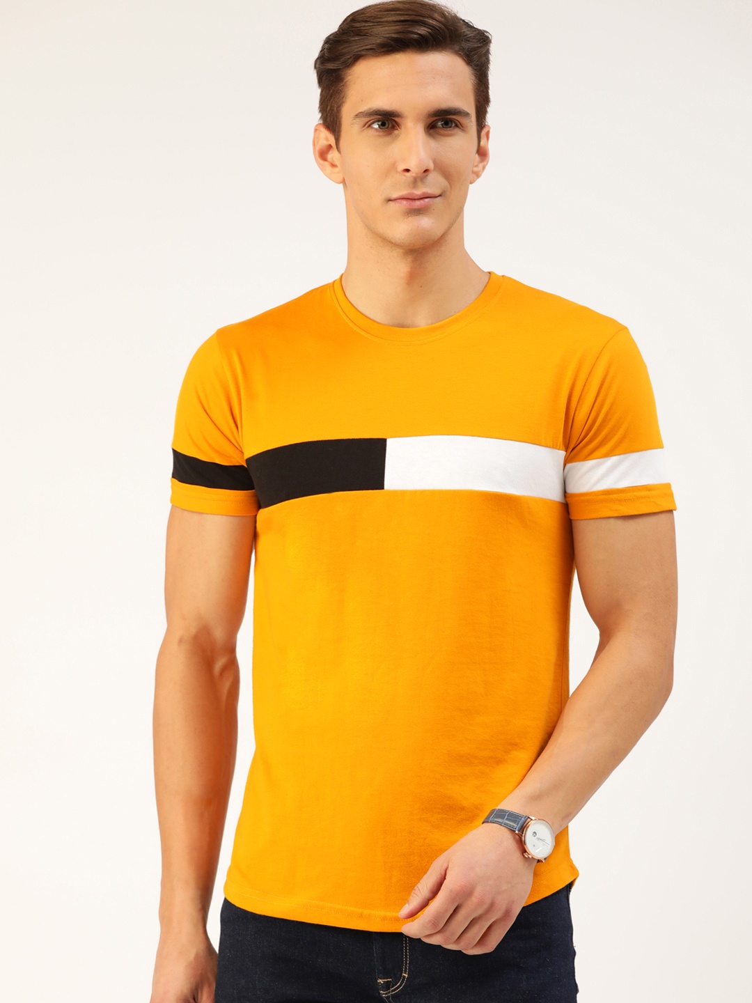

GESPO Men Mustard Yellow & White Cotton T-shirt with Colourblocked Effect