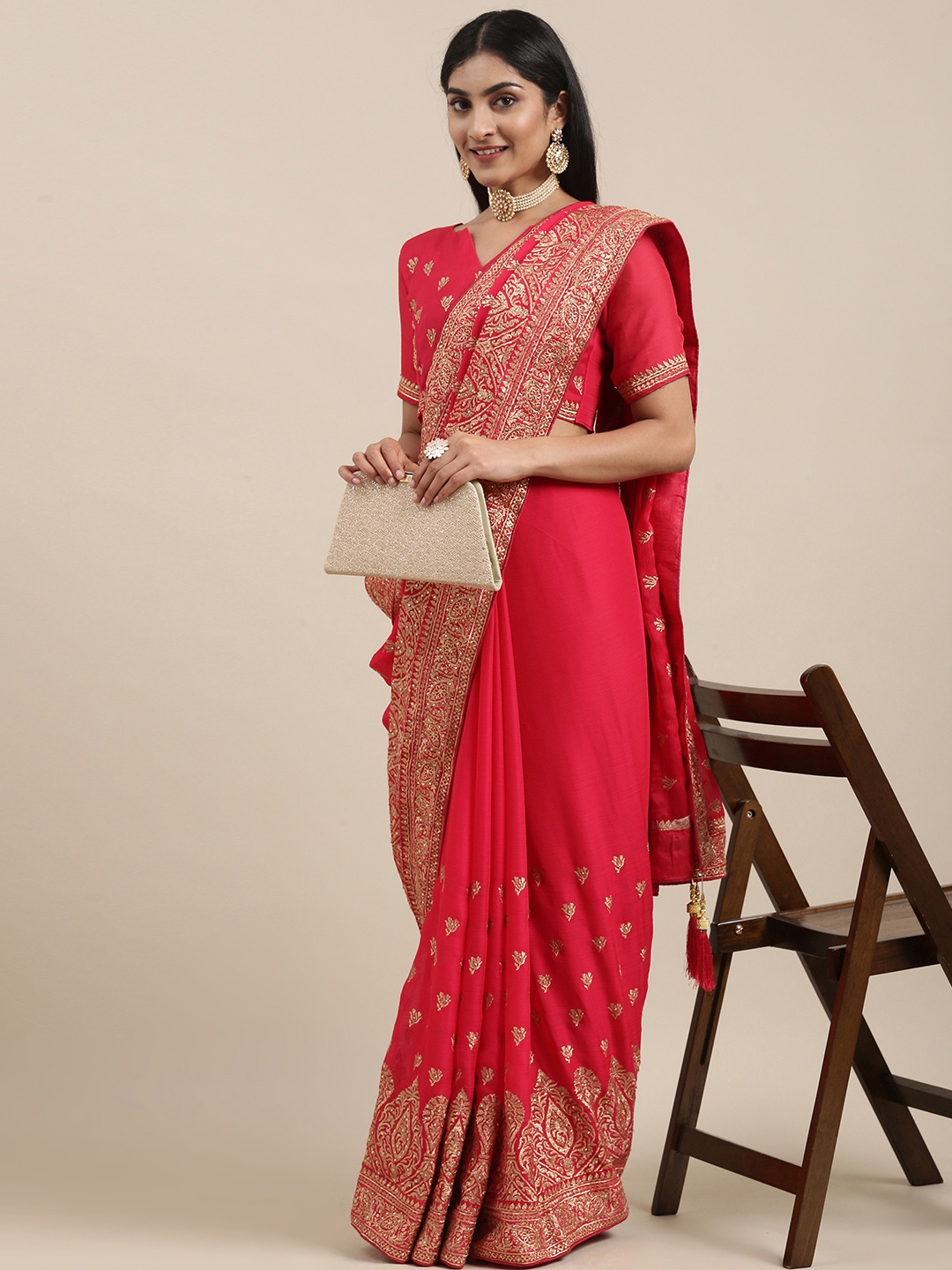 

Mitera Pink Ethnic Motifs Satin Saree