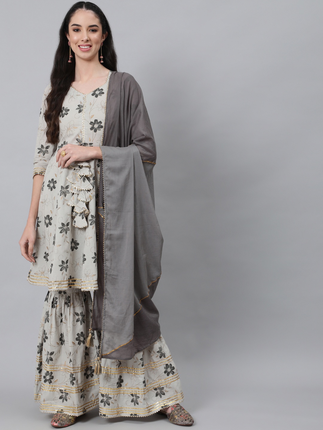 

Anubhutee Women Grey Floral Printed Pure Cotton Kurta with Sharara & Dupatta