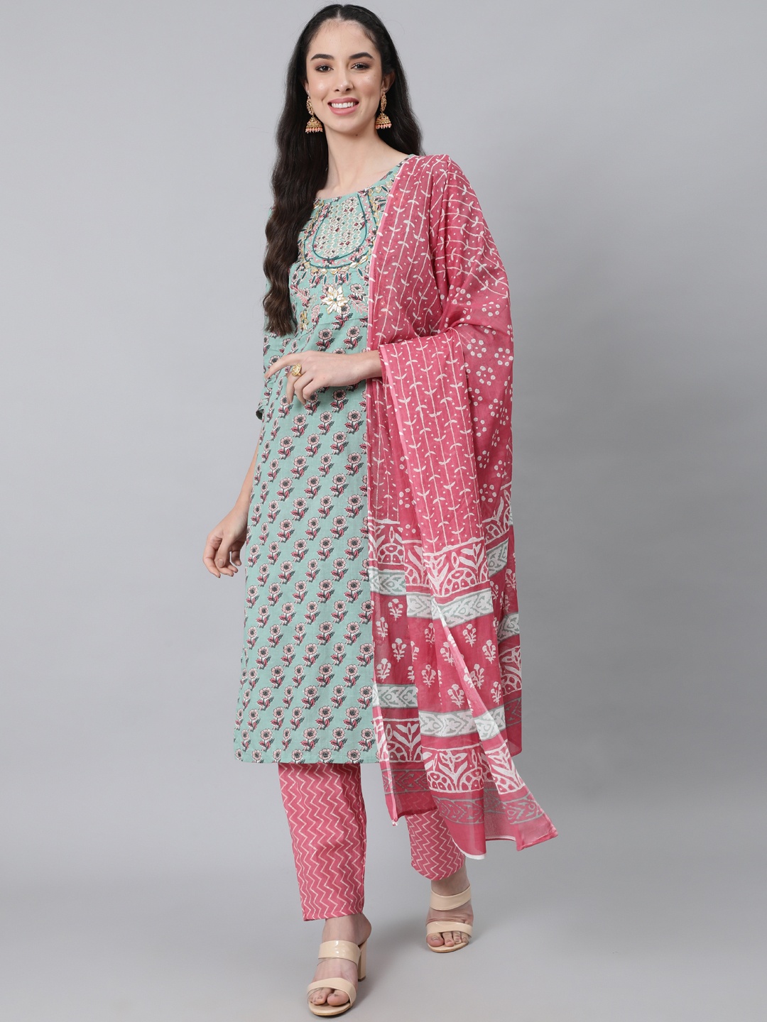 

Anubhutee Women Green & Pink Printed Pure Cotton Kurta with Trousers & Dupatta