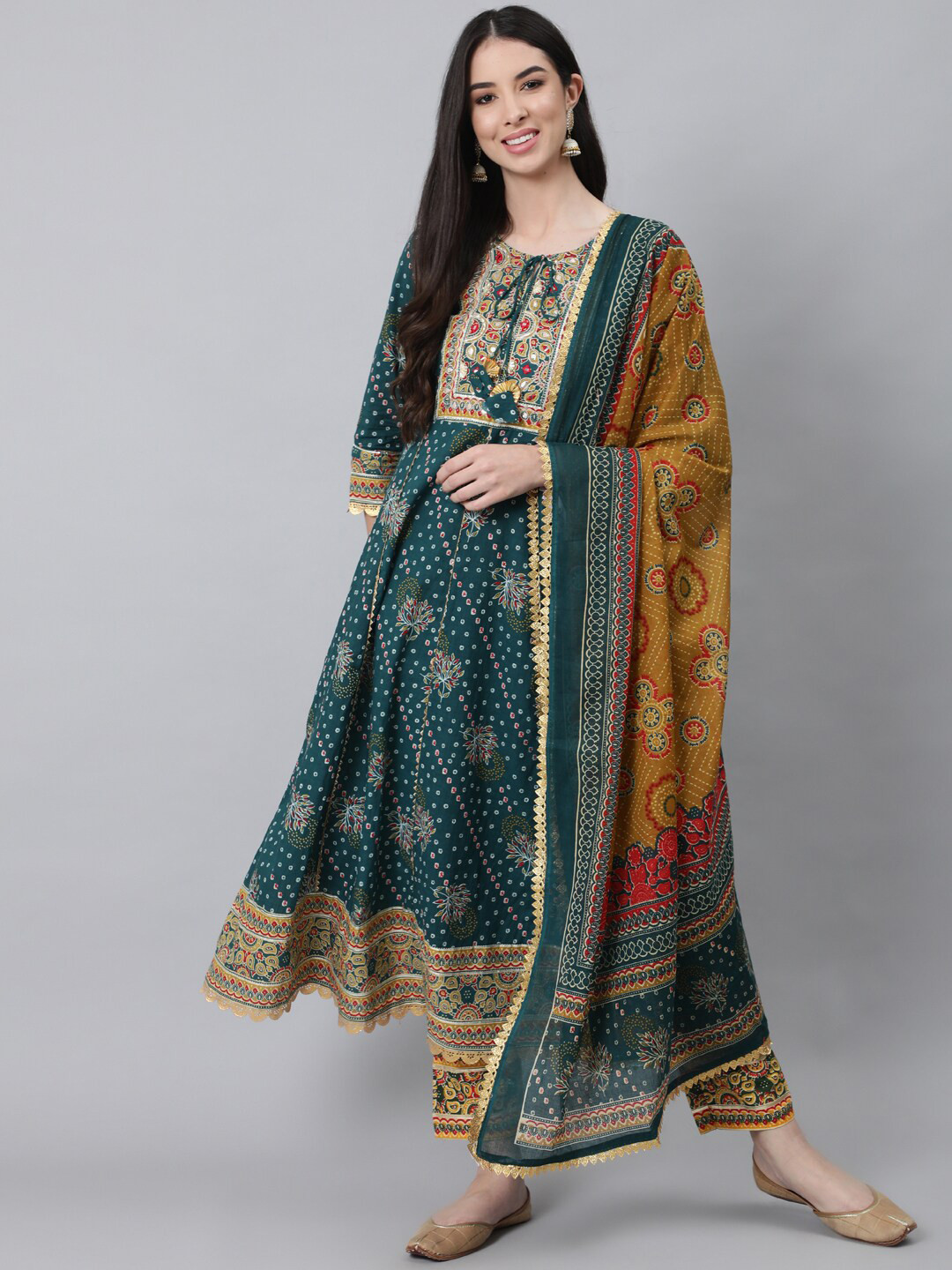 

Anubhutee Ethnic Motifs Printed Empire Pure Cotton Kurta with Trousers & With Dupatta, Teal
