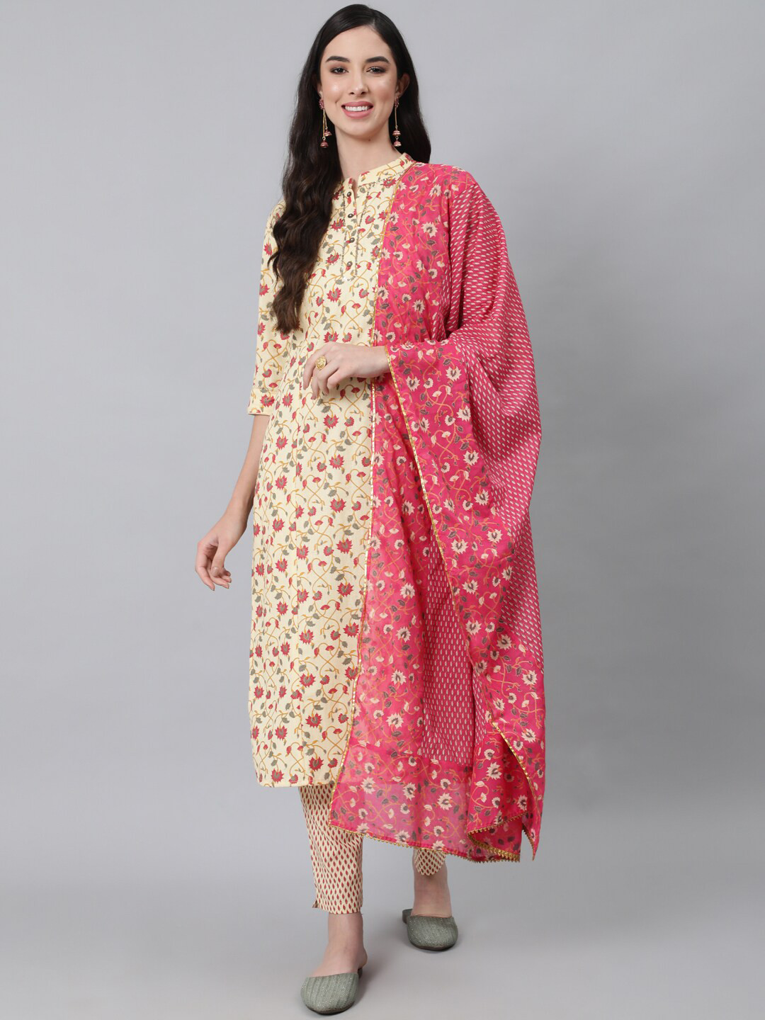 

Anubhutee Women Cream-Coloured Ethnic Motifs Printed Pure Cotton Kurta with Trousers & With Dupatta