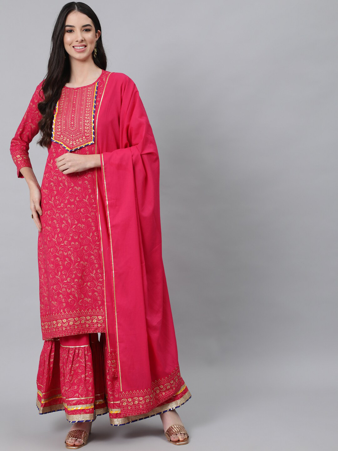 

Anubhutee Women Pink Ethnic Motifs Printed Kurta with Sharara & With Dupatta