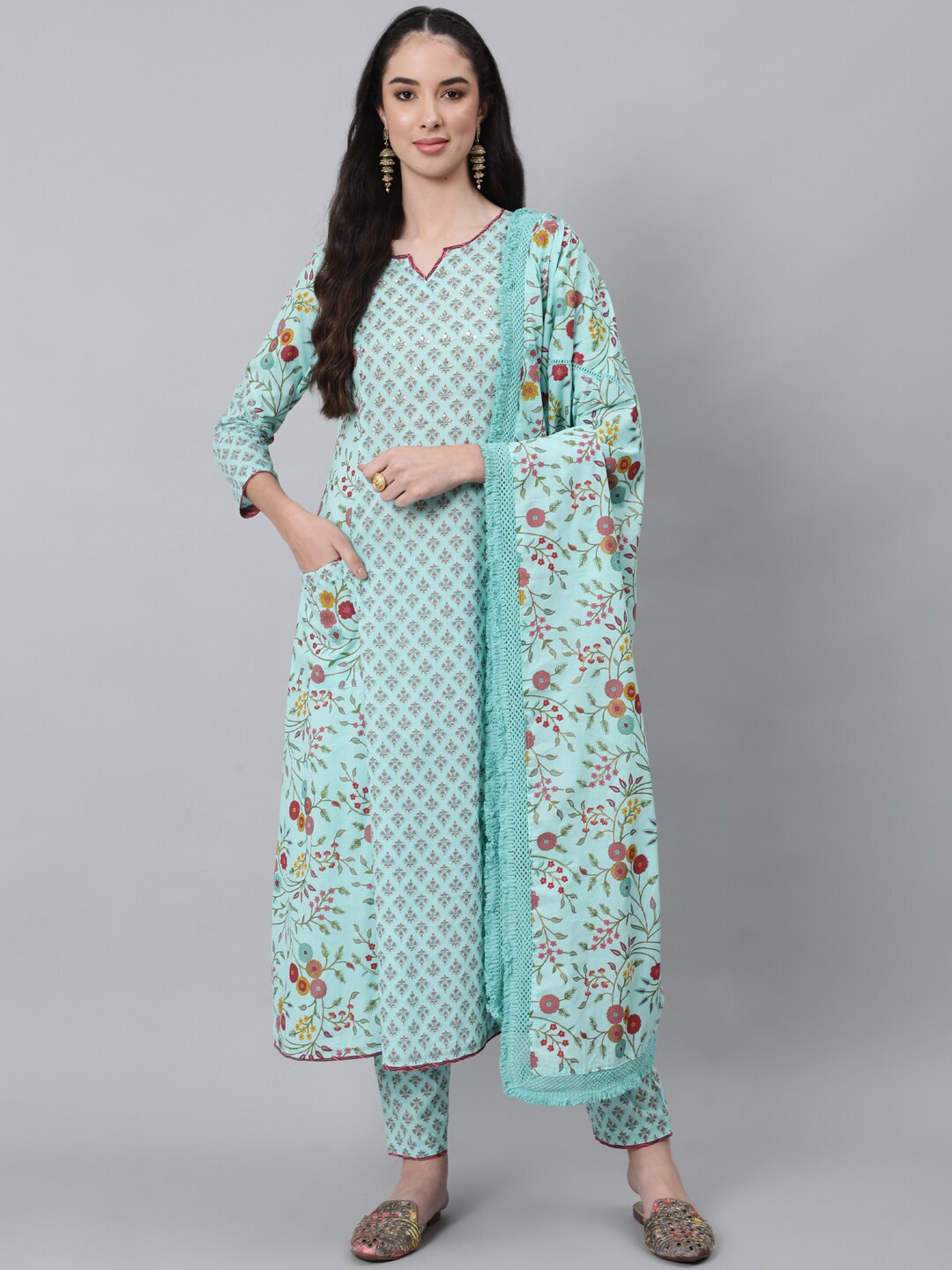 

Anubhutee Women Blue Floral Printed Kurta with Trousers & With Dupatta