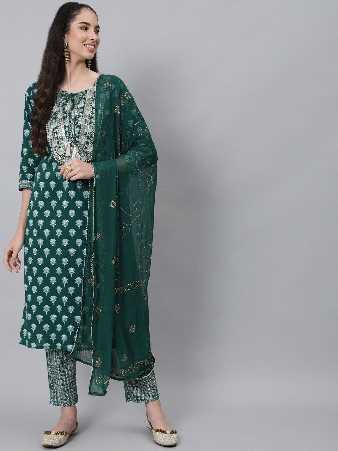 

Anubhutee Women Green Ethnic Motifs Embroidered Thread Work Pure Cotton Kurta with Trousers & With Dupatta