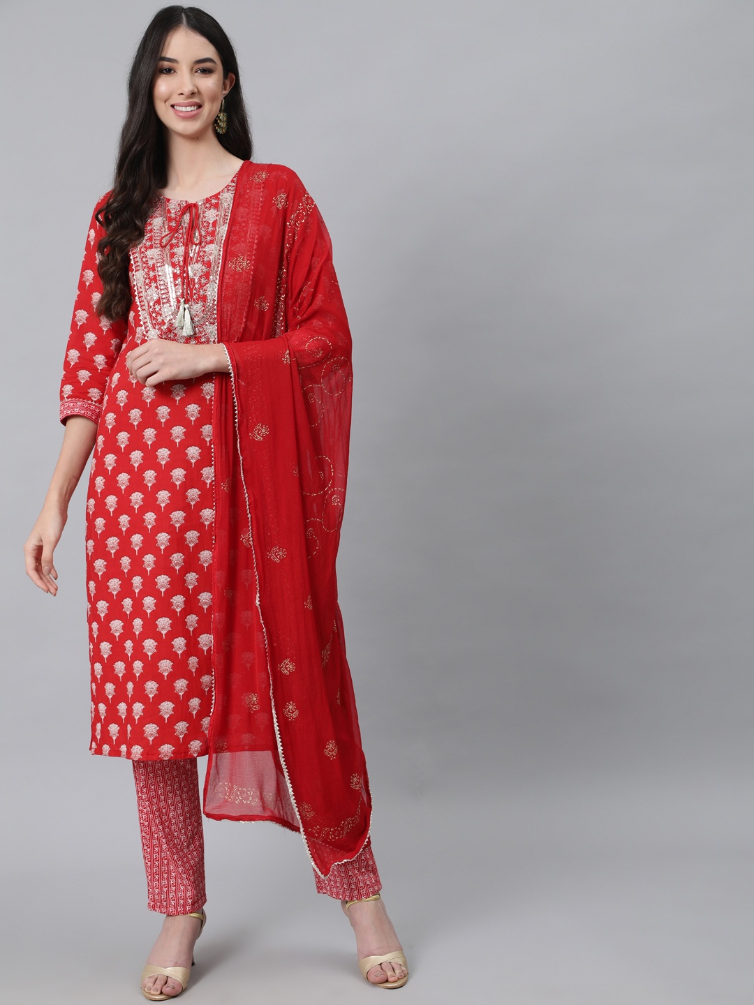 

Anubhutee Women Red Printed Pure Cotton Kurta with Trousers & Dupatta