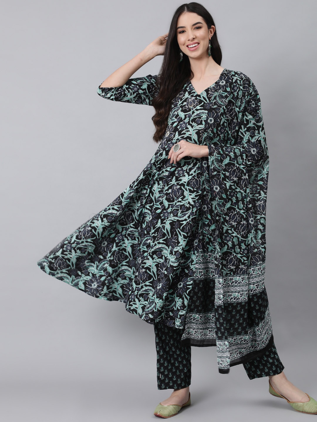 

Anubhutee Women Green Floral Printed Pure Cotton Kurta with Trousers & Dupatta