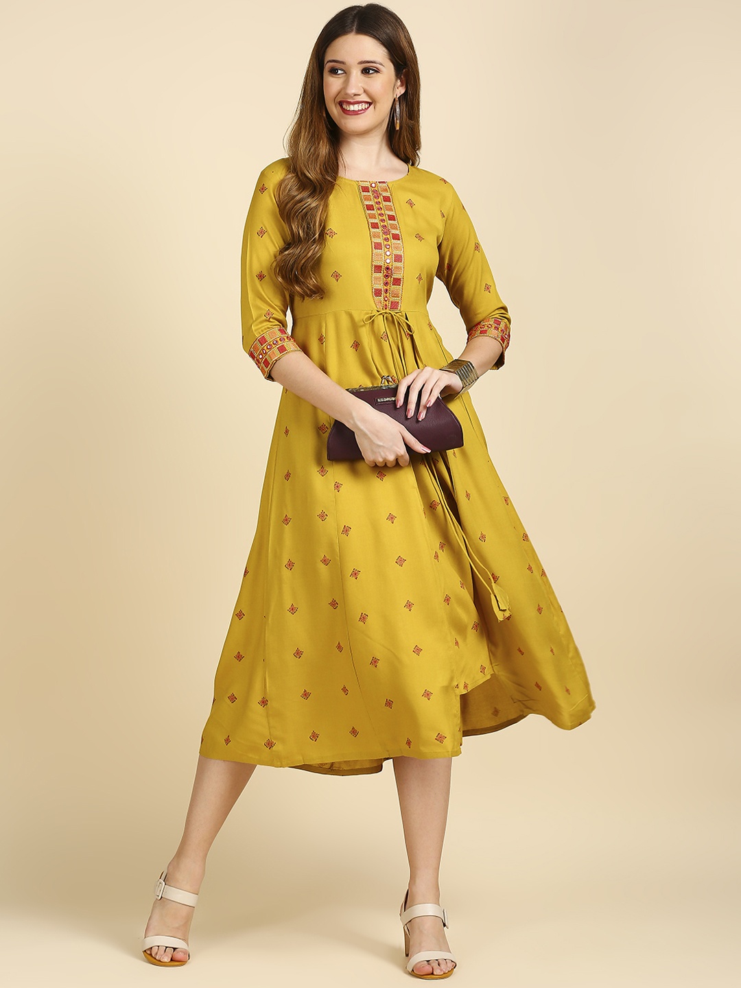 

Anubhutee Mustard Yellow Ethnic Motifs A-Line Midi Dress